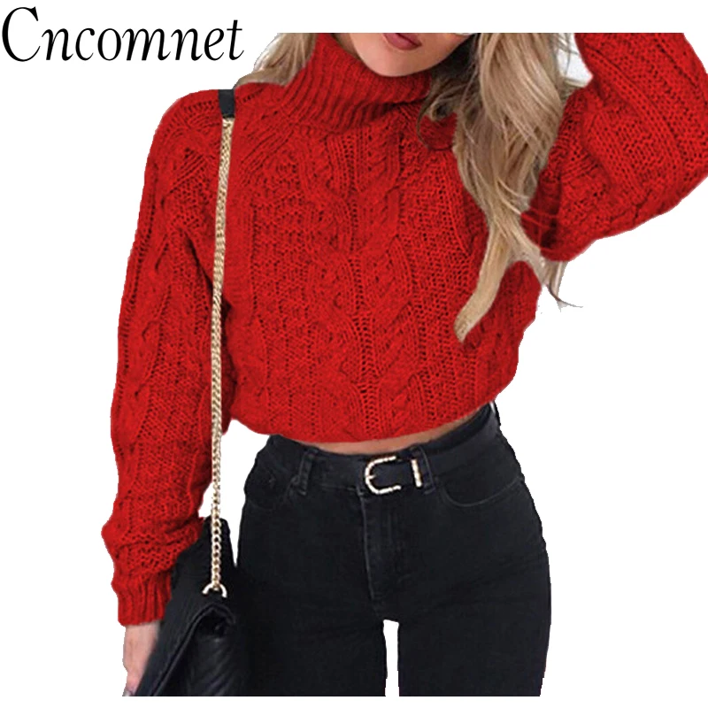 

New Fashion Women Winter High Collar Sexy Umbilical Twist Sweater Casual Knitted Solid Color Pullover Winter Long Sleeve Tops