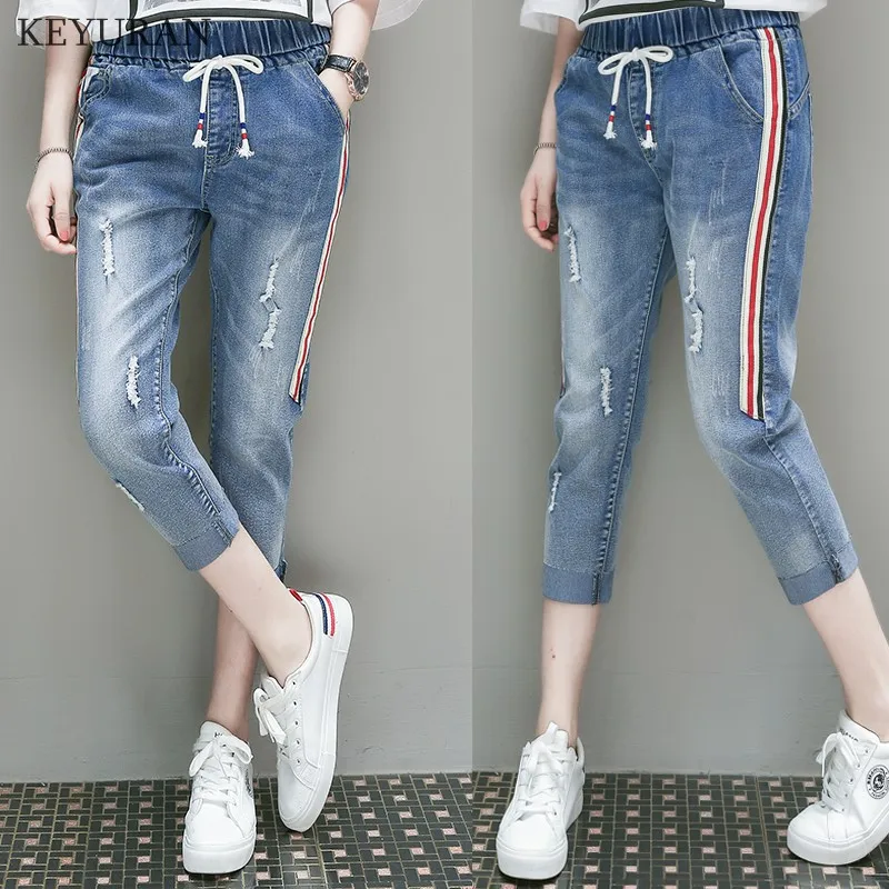 2019 Лето отверстия джинсы для женщин; Большие размеры свободные до середины икры Длина карандаш штаны в полоску в стиле ретро синие брюки
