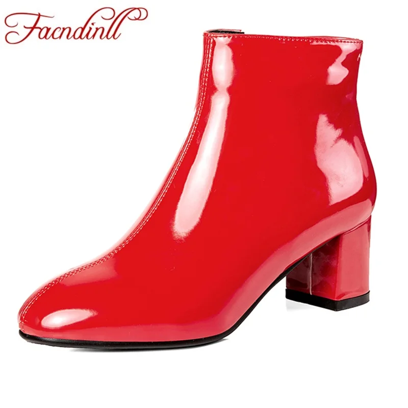 

FACNDINLL new fashion patent leather women ankle boots shoes high heel round toe zipper black red woman dress party riding boots