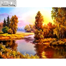 5D completa Broca de Diamante Quadrado DIY Pintura Diamante "Pôr Do Sol com vista para o rio" Diamante Bordado Ponto Cruz Strass Pintura Mosaico(China)