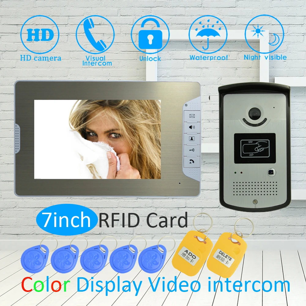 (1 SET) 7 Inch LCD Monitor RFID Unlock Function HD Night Vision IR Camera Video Door Phone System Doorbell Intercom
