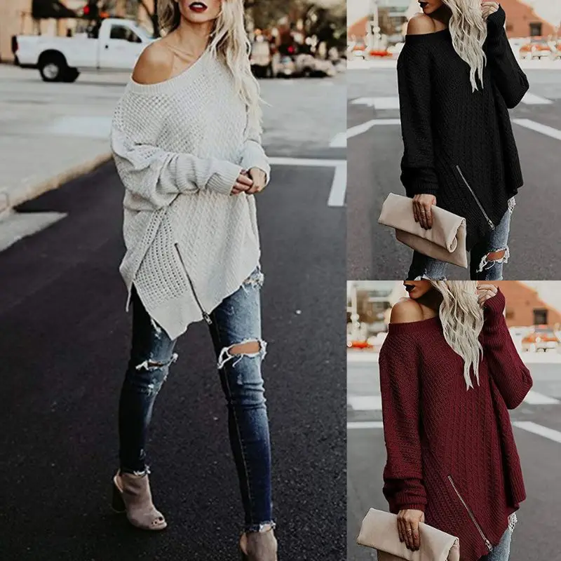 Women Off Shoulder Batwing Zipper Sweaters Oversized Pullover Loose Knit Jumper Winter Warm Swearer