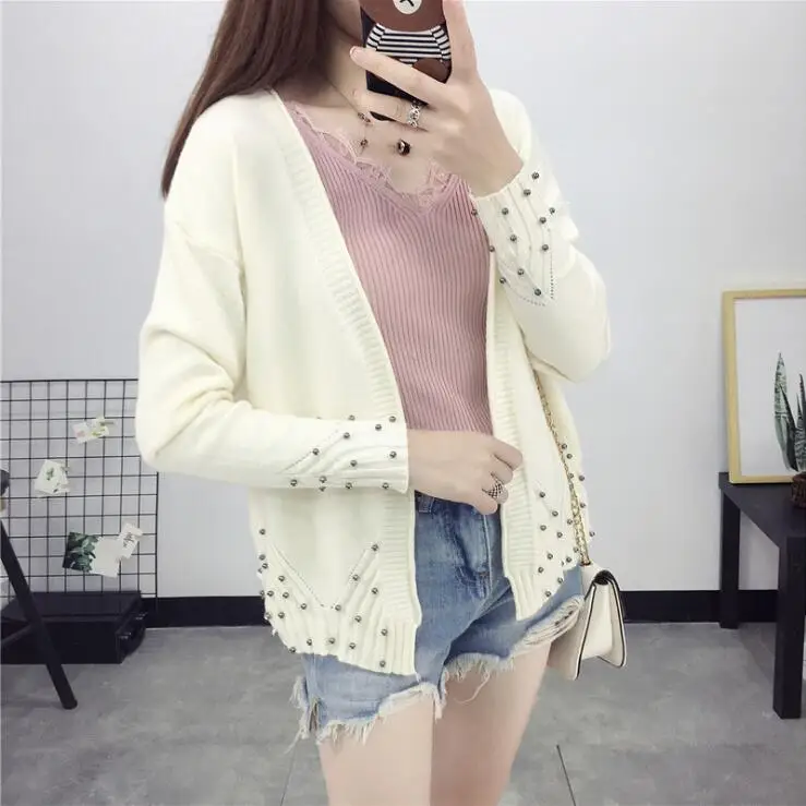 New Women Spring Autumn Sweater 2018 Cardigan Korean Slim Knit Outwear Coat Winter V Neck With Beading |