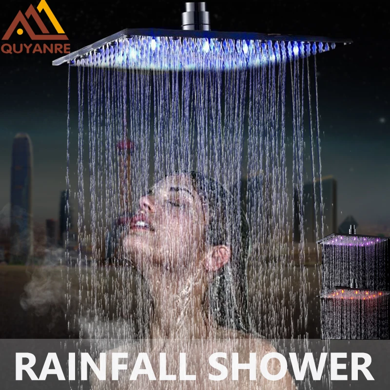 

Quyanre RU Shipment Free Shipping LED 8" 10" Square Rainfall Shower Head Ceiling Mounted Top Over-head Shower Sprayer