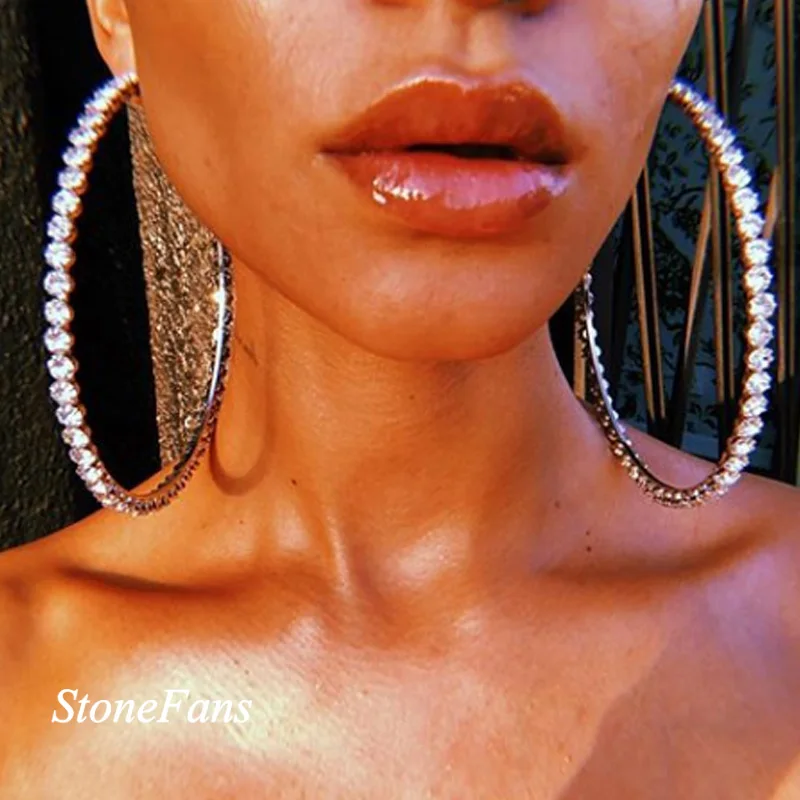 

StoneFans Shiny Big Rhinestone Hoop Earrings for Women Round Circle Silver Gold Round Hoop Earrings Jewelry for Gift Female
