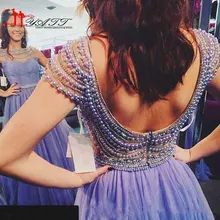 Heißer Verkauf 2017 Jewel Kragen Abendkleid Perle Perlen Open V zurück Natürliche Taille Tüllrock Einer Linie Fashion Flügelärmeln Prom kleid
