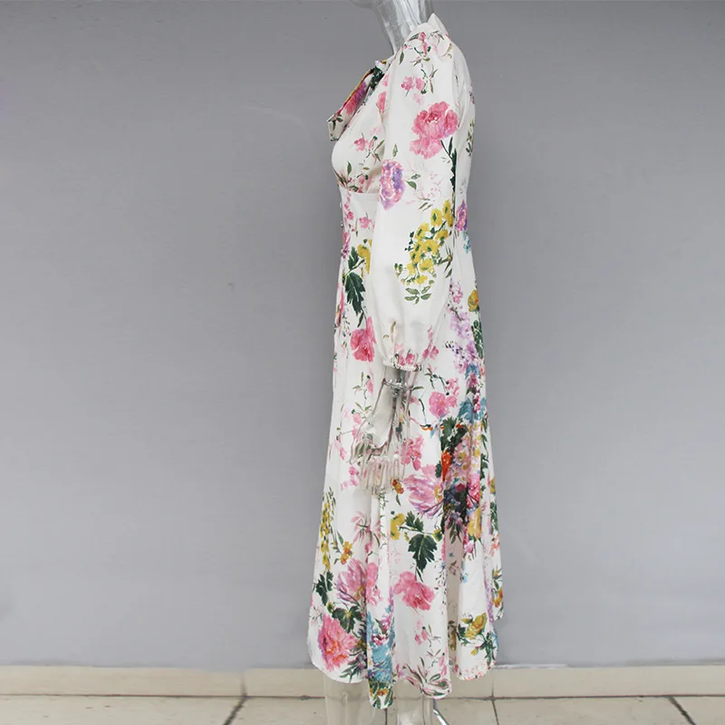 TANG 2019 Summer Elegant Deep V-Neck Women Dress Floral Print Maxi Dress Lantern Sleeve Slim High Waist Dress  (7)