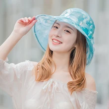 HT1658 жемчуг цветок Для женщин шляпа Корея женские широкими полями шляпа от солнца дамы печати сетки ведро Кепки Packable наружное летние Шапки