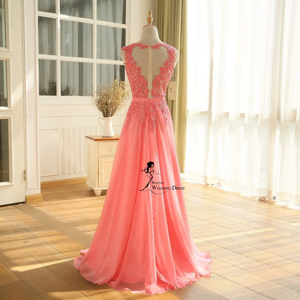 New Arrival Robe De Soiree A line Pink Chiffon Long Evening Dress Party Elegant Sexy Sheer Back Real Image Sleeveless Prom Gown 2016 (28)