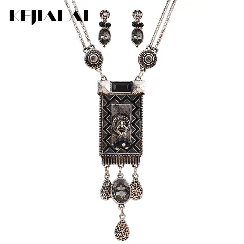 

KEJIALAI Trendy Ethnic Women Jewelry Sets Metal Vintage Rectangle Statement Big Dangle Necklace Earings Jewelry Sets QD-N3468