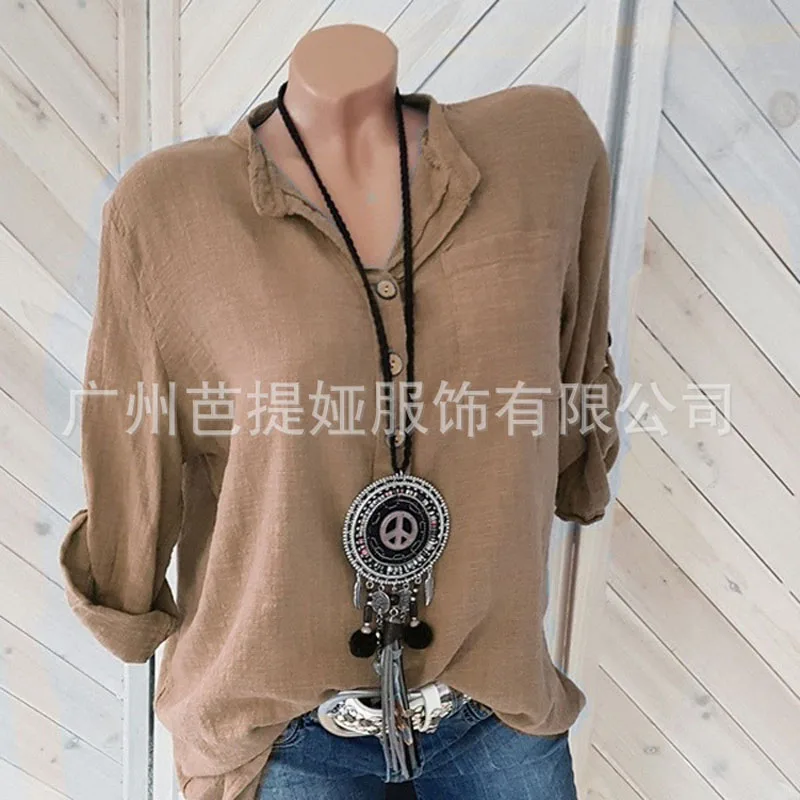 Blusas mujer de moda 2019 летние camisa V образным вырезом элегантные свободные льняные рубашки