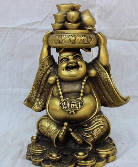 

song voge gem S2925 10" Chinese Bronze Happy Laughing Maitreya Buddha Carried Treasure Bowl Statue