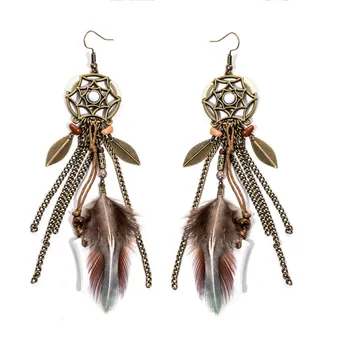 

2017 Vintage Bohemia Hexagram Dream Catcher Long Tassel Feather leaf Drop Earrings Bead Earrings Pendiente Women Earrings