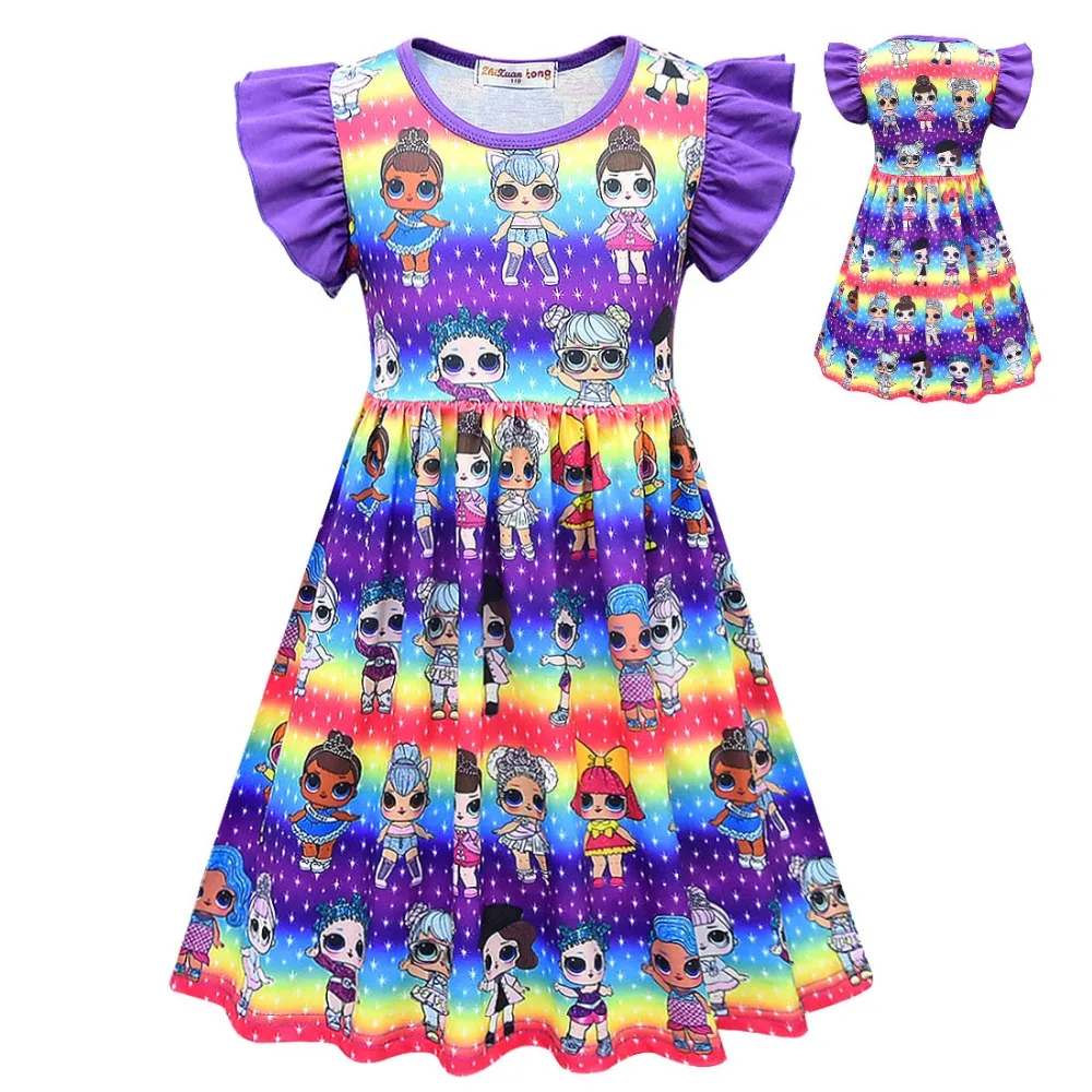 

2019 Summer New Princess Dress Flying Sleeves Girls Summer Dresses Ball Gown Cartoon Print Baby Girls Clothes Kids Dress