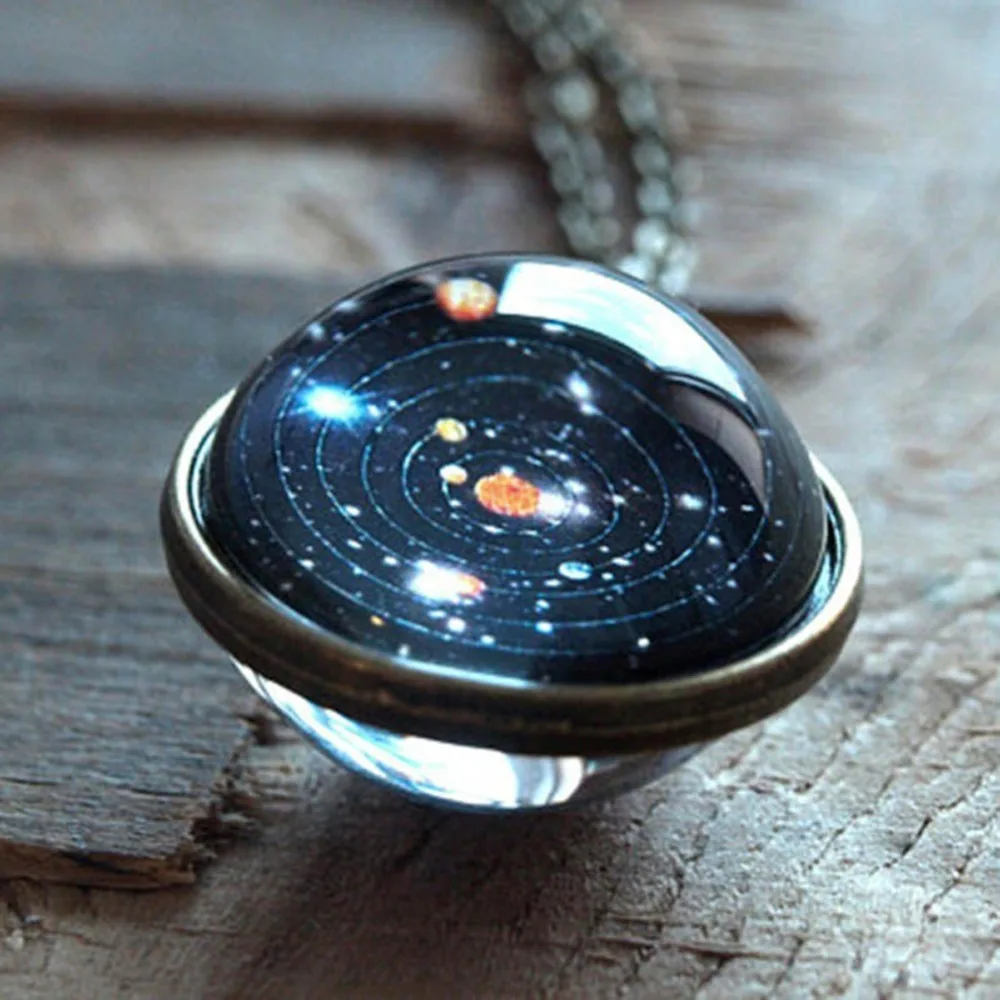 

Women Girl Galaxy Double Sided Glass Dome Planet Necklace Fashion Accessories Christmas Pendant Gift
