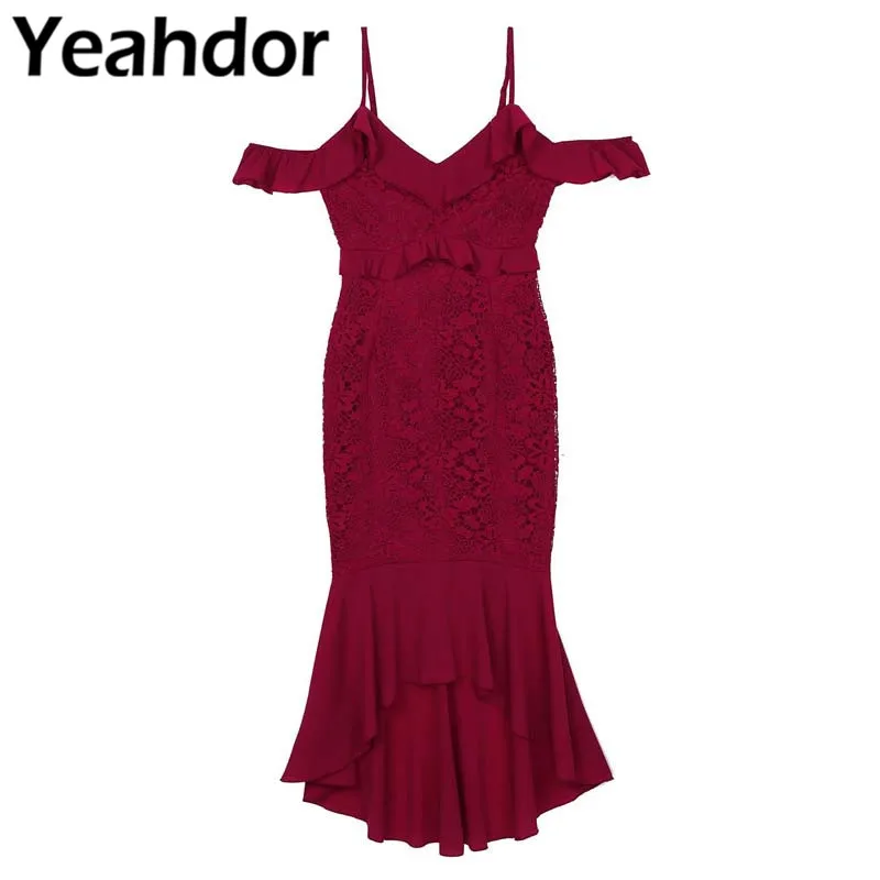 

Women Summer Floral Lace Long Maxi Adjustable Spaghetti Strap Ruffled Dress Sleeves Asymmetrical High Low Bodycon Cocktail Dress
