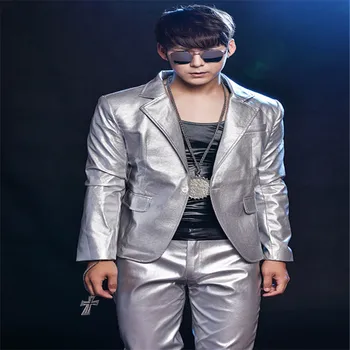 

R63 Silver PU men suit singer stage performance wears dress dj host ballroom dance costumes party show model clothing outfits ds
