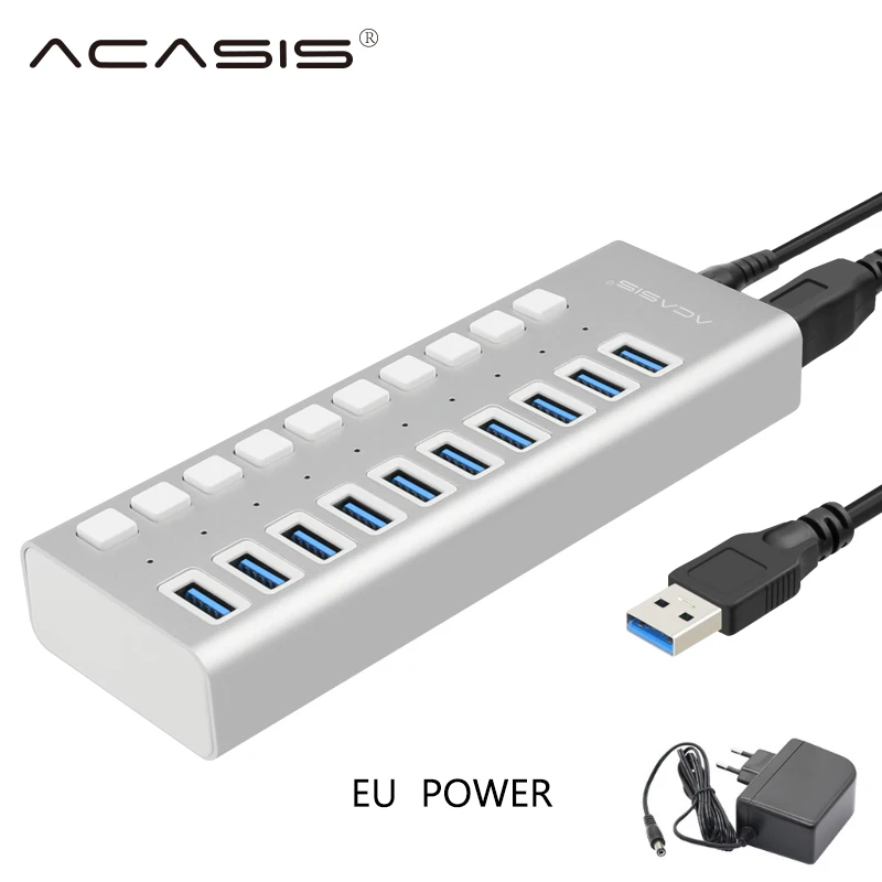 Acasis usb-хаб 3,0 10 портов супер скорость 5 Гбит/с Портативный USB 3,0 концентратор разветвитель с внешним адаптером питания ПК для аксессуаров