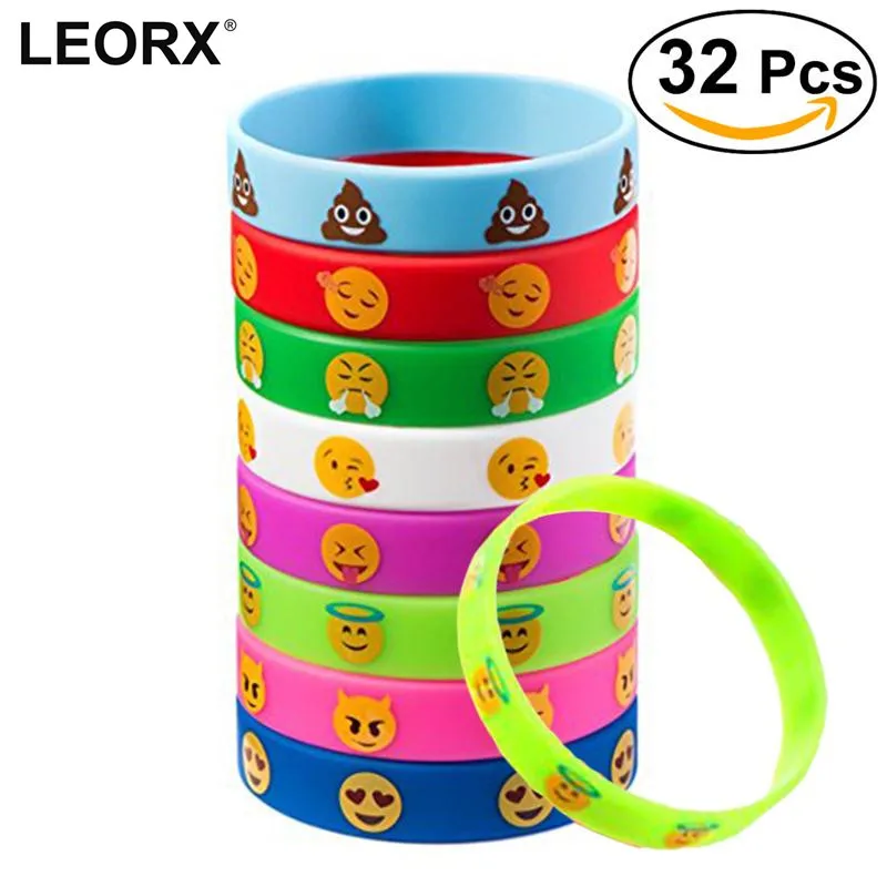 

32pcs Mixed Color Cute Emo-ji Cartoon Smiley Face Silicone Bracelet For Children Kids Bangles Jewelry
