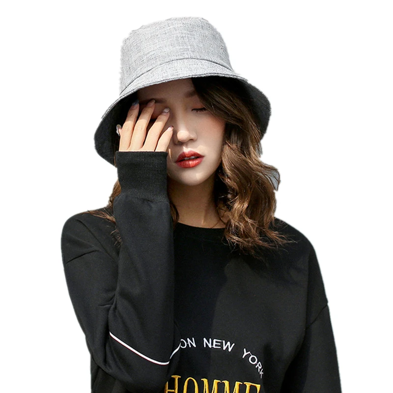 Korean Women Bucket Hat Cotton Linen Solid Color Fishing Caps Summer
