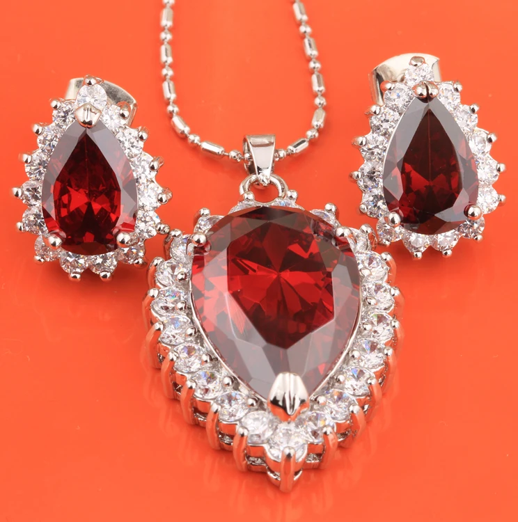 

Angel's Tears Red Garnet White 925 Sterling Silver Jewelry Sets Earring Pendant Woman S8421