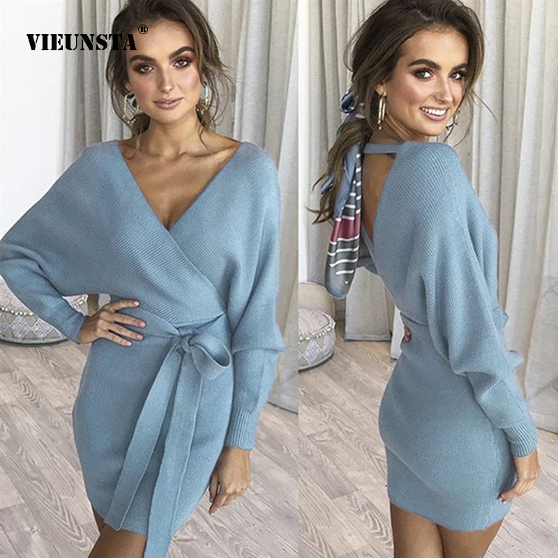 

VIEUNSTA New Autumn Winter Backless Sweater Dress Women Cross Double V-neck knitted Warm Dresses Sexy Bodycon Slim Belted Dress