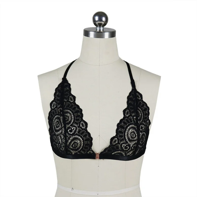 Бюстгальтеры для женщин Soutien Gorge, сексуальные женские кружевные ажурные бюстгальтеры на грудь, бюстье с пряжкой на груди, эластичный бюстгальтер с вертикальными завязками сзади - Цвет: Черный