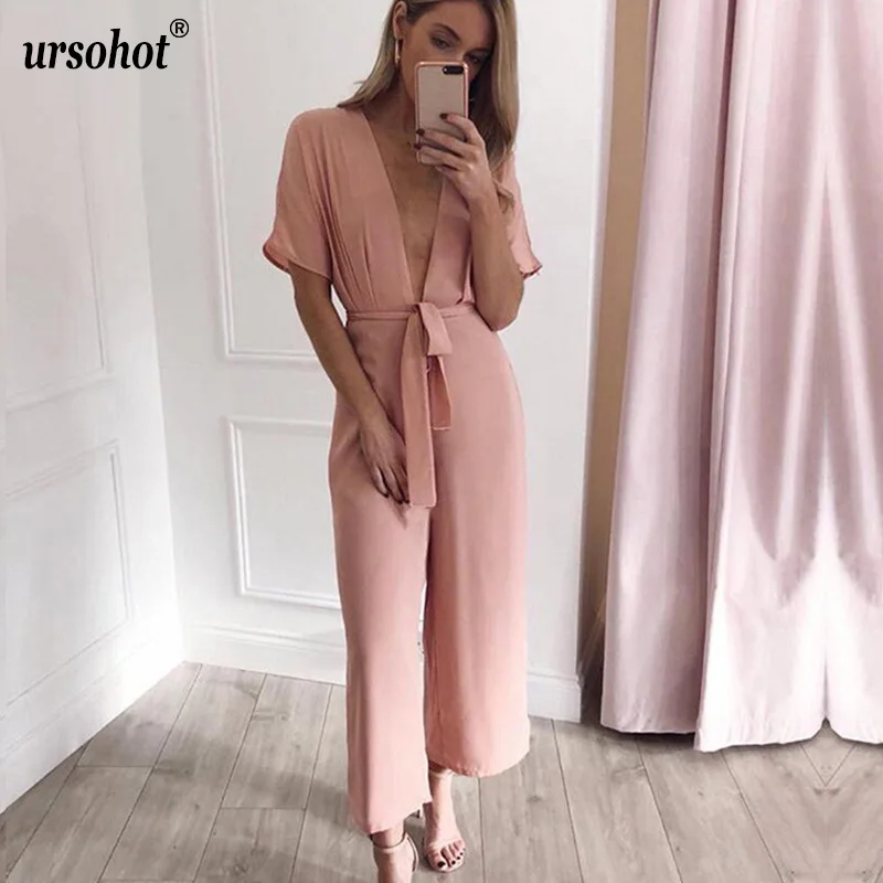 

Ursohot Sexy Deep V Neck Bandage Jumpsuit Women 2019 Summer Short Sleeve High Waist Wide Leg Rompers Beach Party Sashes Overalls