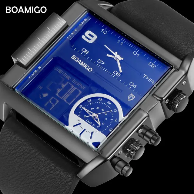 BOAMIGO brand men sports watches 3 time zone big man fashion military LED watch leather quartz wristwatches relogio masculino 1