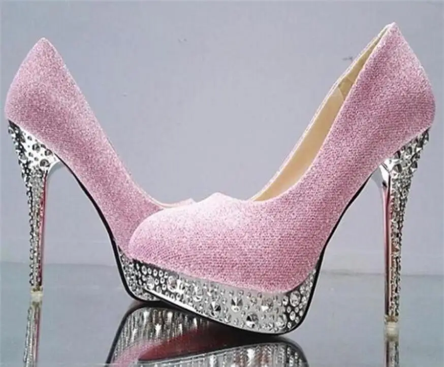 Свадебная обувь; свадебные туфли; Женская водонепроницаемая обувь на платформе с закрытым круглым носком на высоком каблуке 11 см, украшенная стразами и блестками; Размеры 35-41