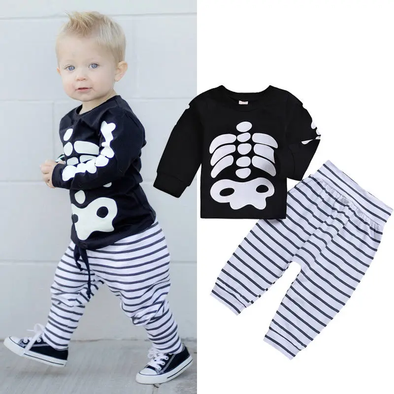 

Halloween Party Toddler Baby Boys Girls Novelty Clothes Sets 2PCS Long Sleeve Print Black Sweatshirt Tops+Striped Pants