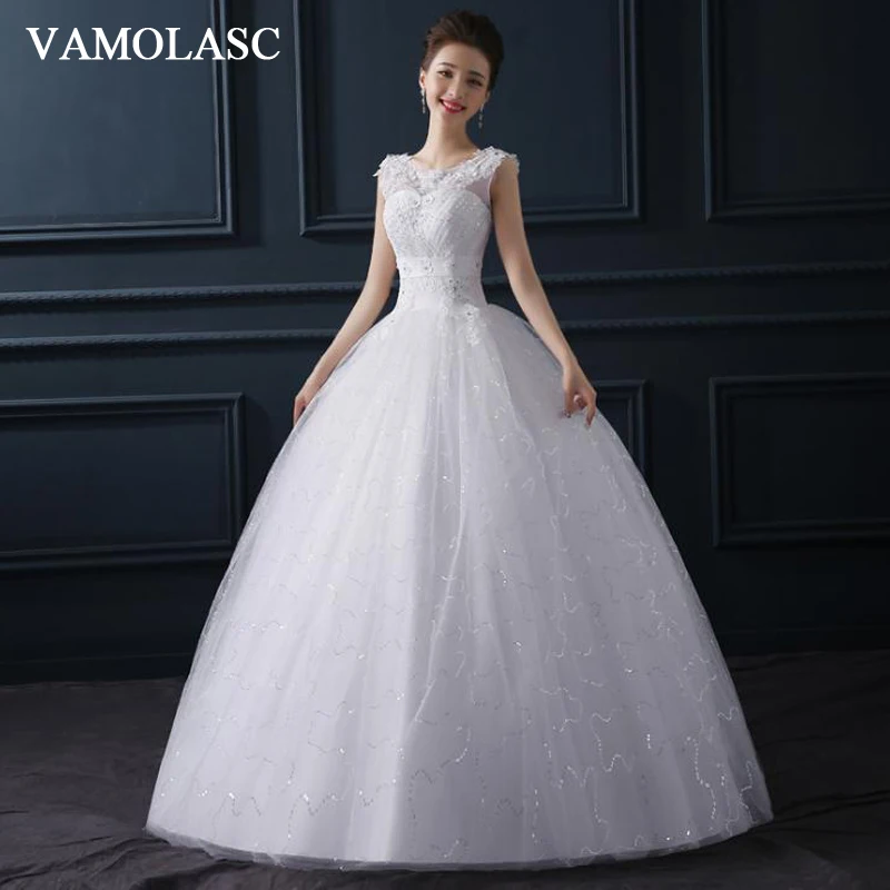 

VAMOLASC Illusion Pleat O Neck Lace Flowers Appliques Ball Gown Wedding Dresses Crystal Tank Backless Bridal Gowns