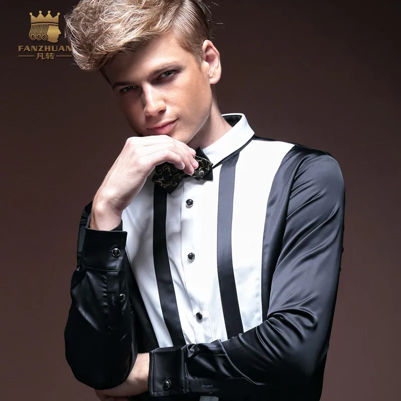 FANZHUAN Мужская рубашка с длинным рукавом осень тонкая модная черная и белая контрастная одежда мужская одежда