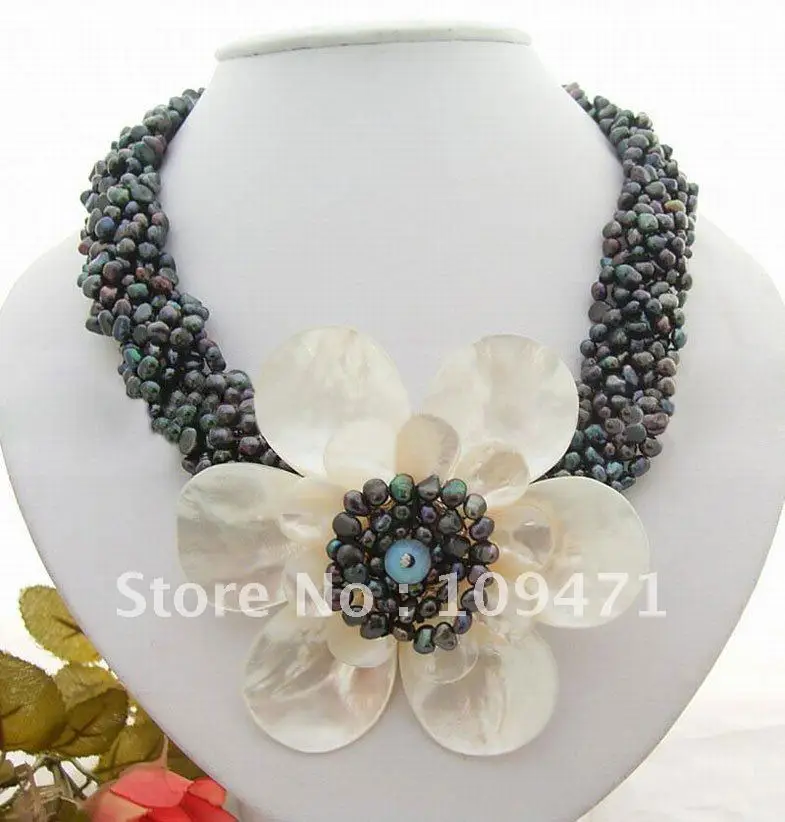 

Beautiful! 6Strds Black Pearl&Shell Flower Necklace