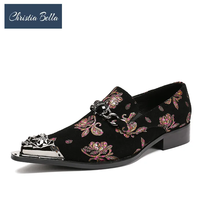 

Christia Bella Leather British Dress Formal Casual Pointed Toe Dress Shoes Punk Style Men's Floral Print Wedding Shoes for Men