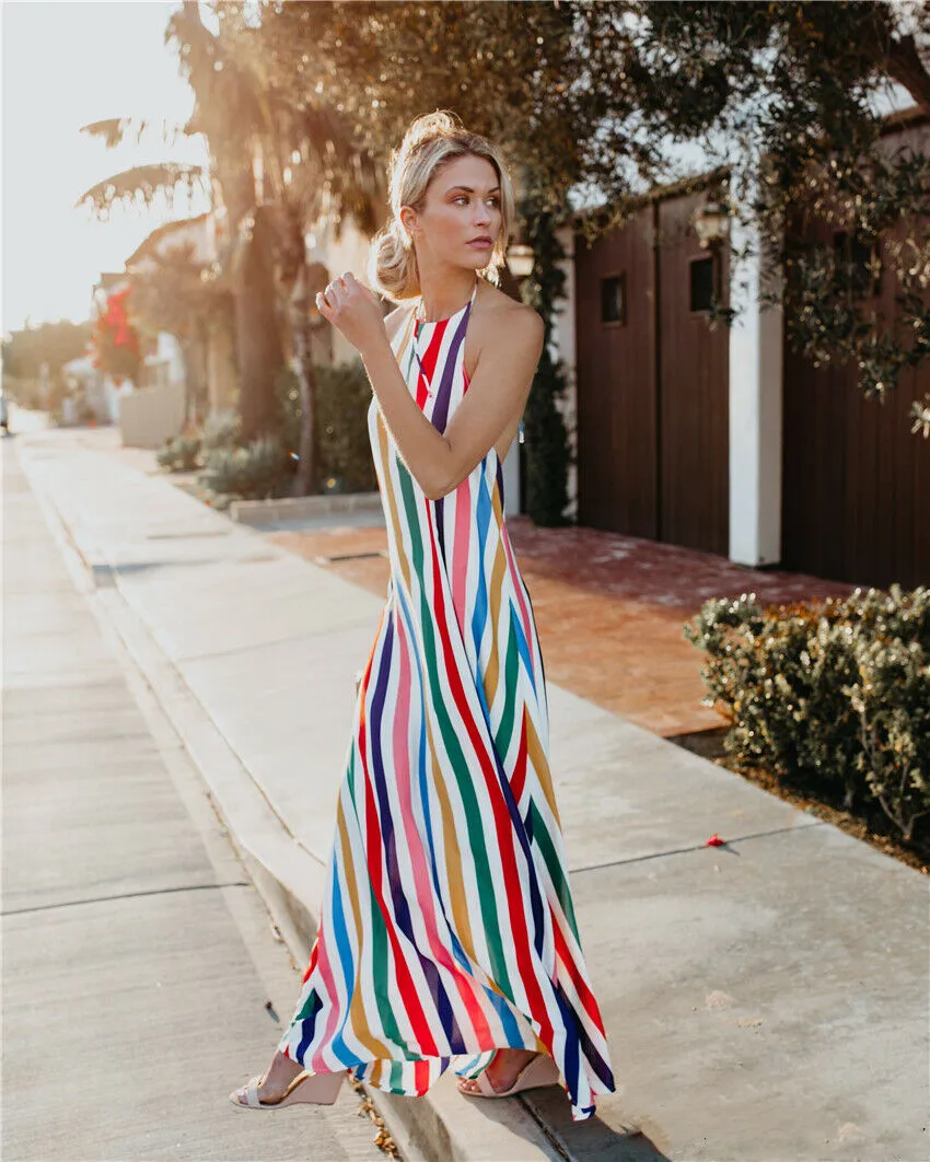 

Women Long Dress Striped Sleeveless Backless Boho Sexy Ladies Evening Party Casual Femme Beach Summer Long Dress