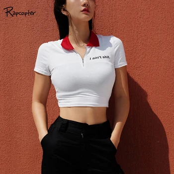 

Rapcopter Women White Cropped Turn-down Collar t shirt Summer Slim Waist Cotton Crop Top 2018 Streetwear Zip Up Tee Shirt Femme