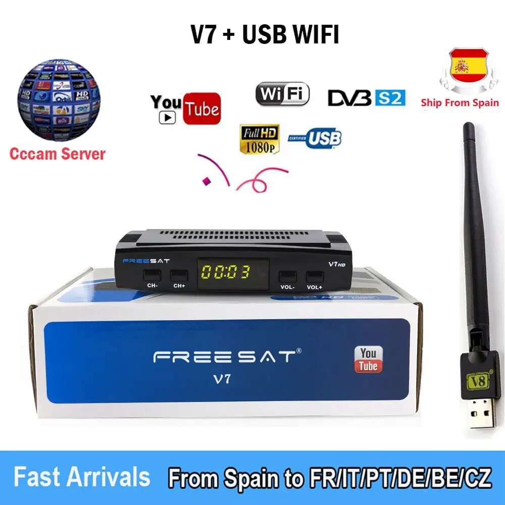 

Satellite TV Receiver decoder V7 HD DVB-S2+USB Wfi Receptor with 5 lines Europe Cline account support power VS freesat V7S GIFT