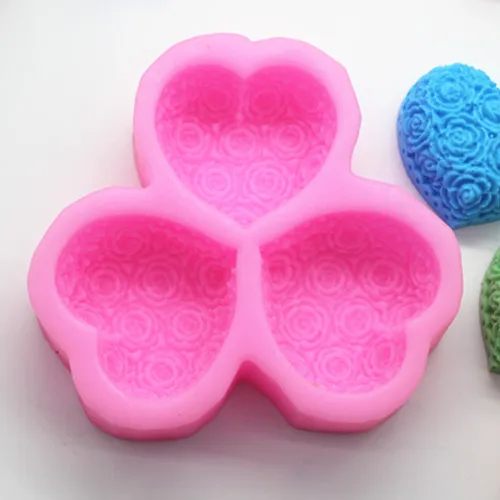 Craft 3-connected Heart Shape Rose Pattern Silicone Soap Mold DIY Bath Salt Soap Molds