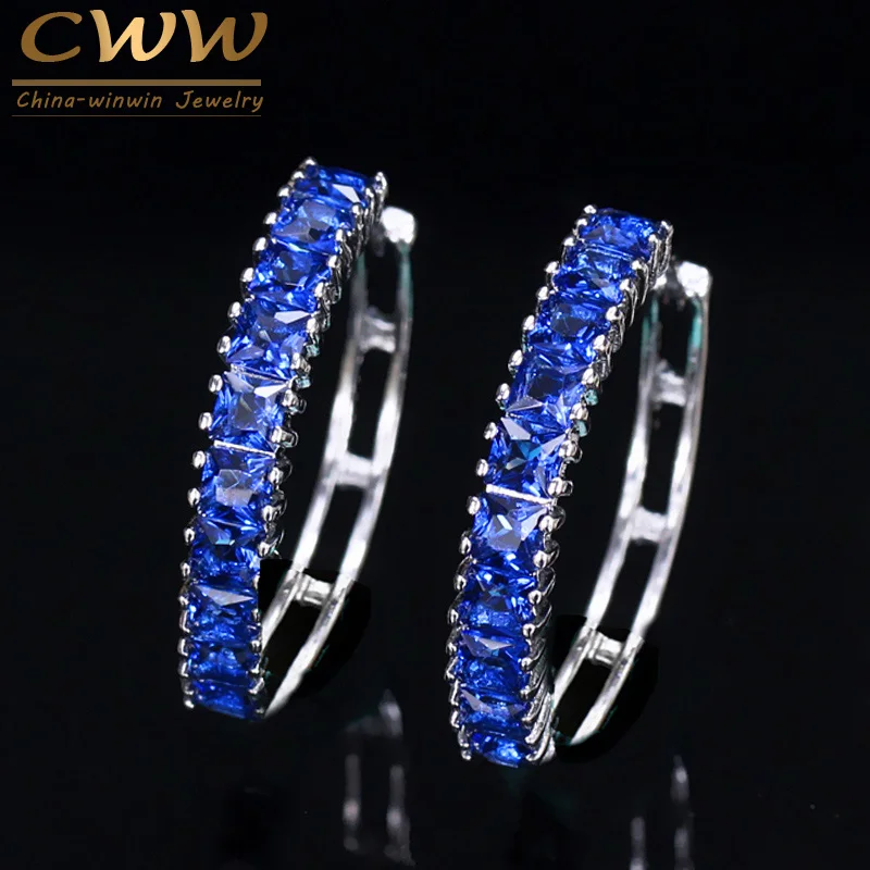 

CWWZircons Brand Fashion Ladies Jewelry Silver Color AAA High Quality Blue CZ Crystal Round Hoop Earrings For Women CZ318