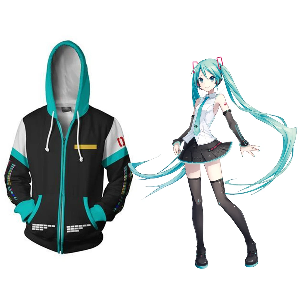 

Anime Hatsune Miku Cosplay Costumes Hoodies Kpop Clothes Sweatshirt For Women Girls Miku Jackets Sweatshirt Zipper Tops With Hat