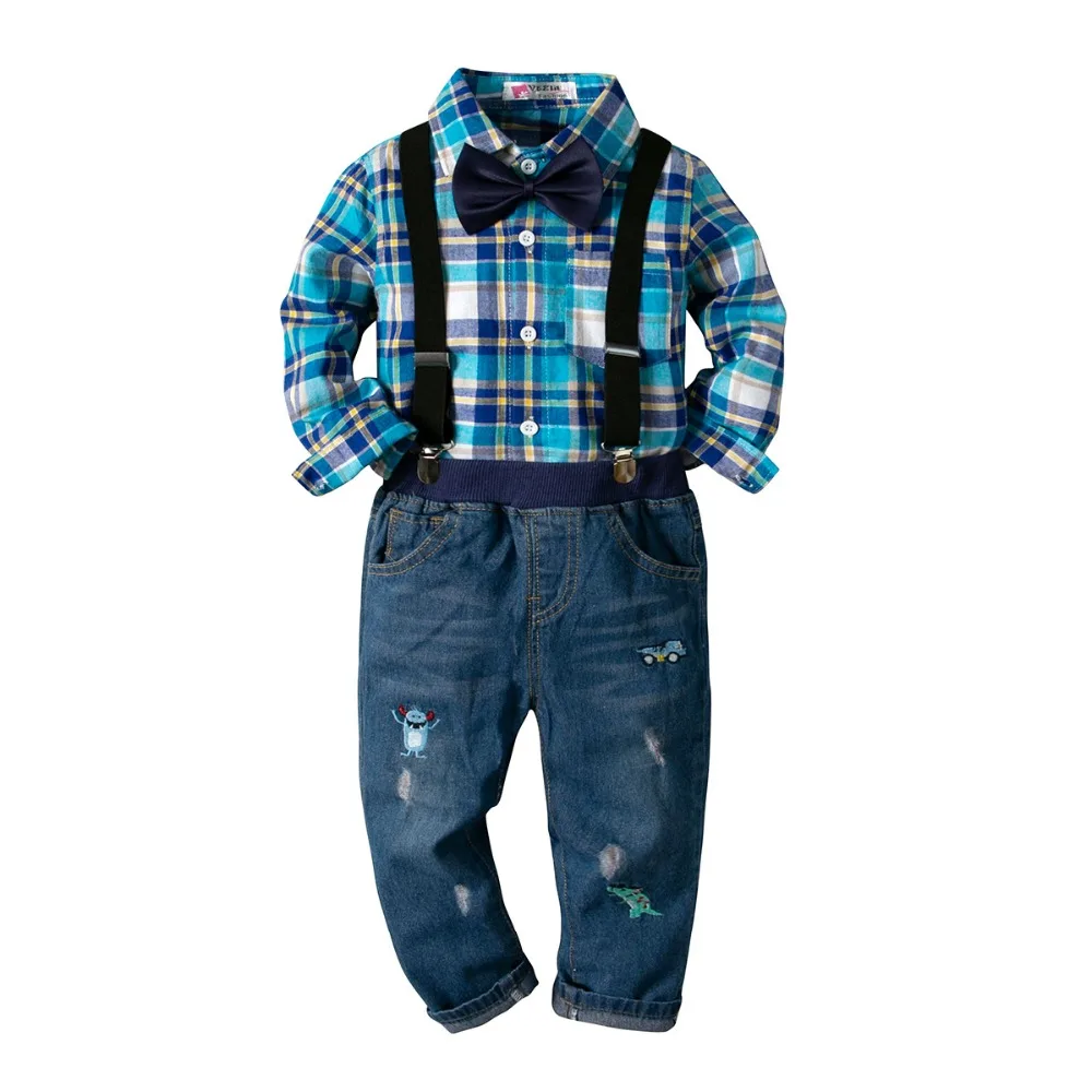 

2 Pcs Set Children Boys clothing 2019 Spring Boys T-shirt With Bow Tie +Suspender Jeans Handsome Guy Clothes Toddler Boy Outfits