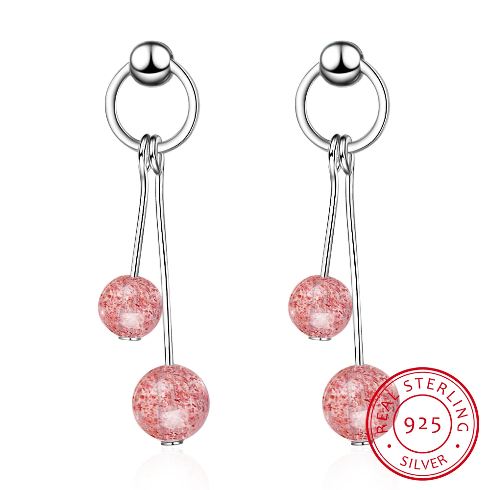 

2019 Sweet Simple Circle Natural Strawberry Crystal Tassel Earrings 925 Sterling Silver Earrings For Women S-e140
