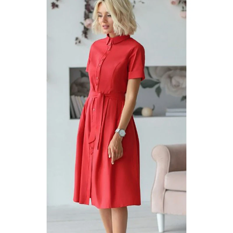 

Vintage Women bandage dress Short Sleeve Turn-down Collar Shirt Dress Solid Single-breasted Office Ladies Midi Dress robe femme