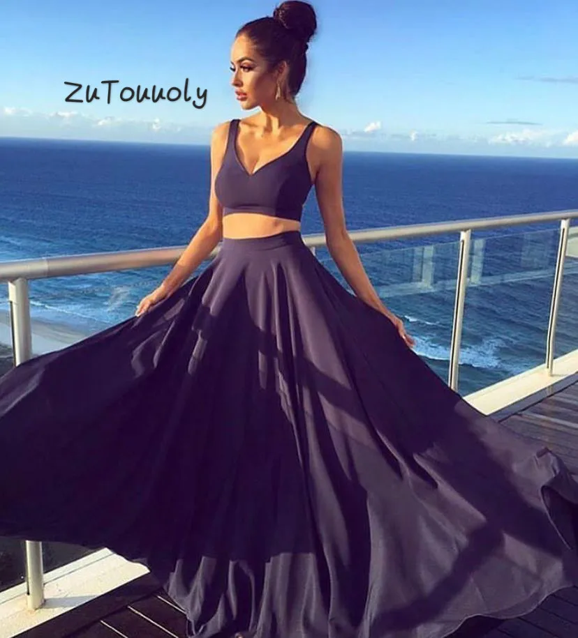 Moderne Two Pieces Avondjurk EEN Line v-hals Floor Lengte Chiffon Maxi Boho Prom Jurk Voor Meisjes Goedkope Eenvoudige avondjurk 2019 Moderne Two Pieces Avondjurk EEN Line v-hals Floor Lengte Chiffon Maxi Boho Prom Jurk Voor Meisjes Goedkope Eenvoudige avondjurk 2019