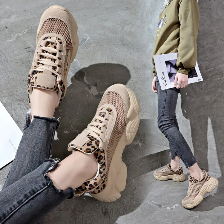 

2019 Summer Breathable Leopard Sneakers Wedges High Heels women fashion student Walking Footwears platform Mesh shoes zapatilla