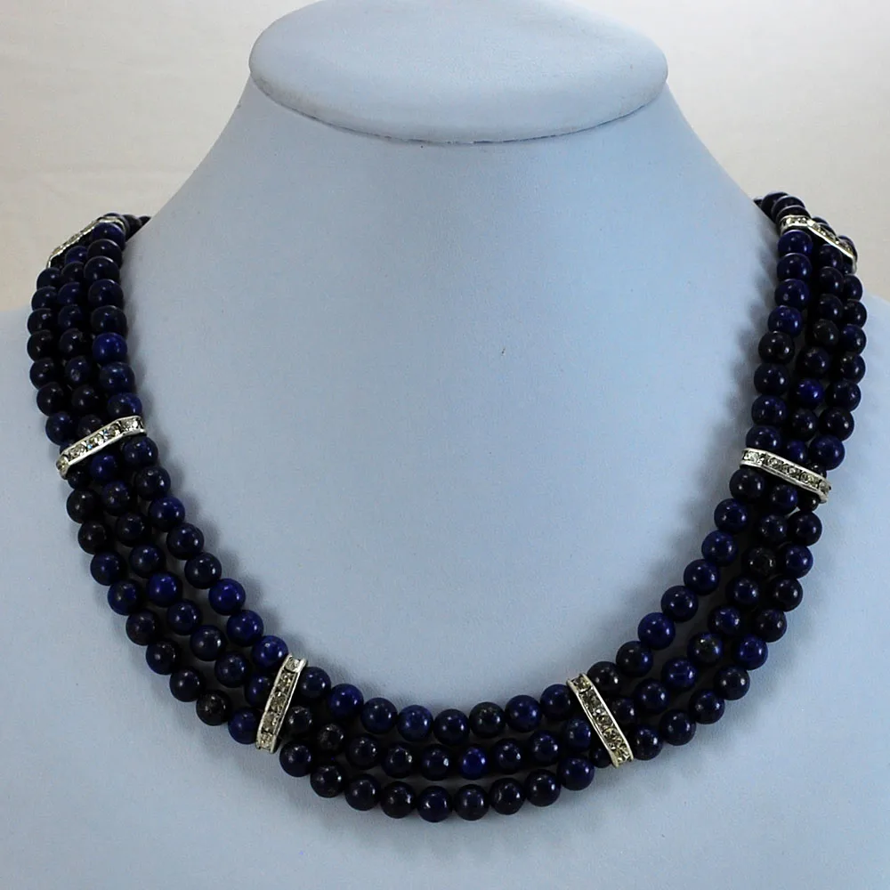 

3-Strand Blue Lapis Round Beads Necklace with Silver magnet Clasp,17