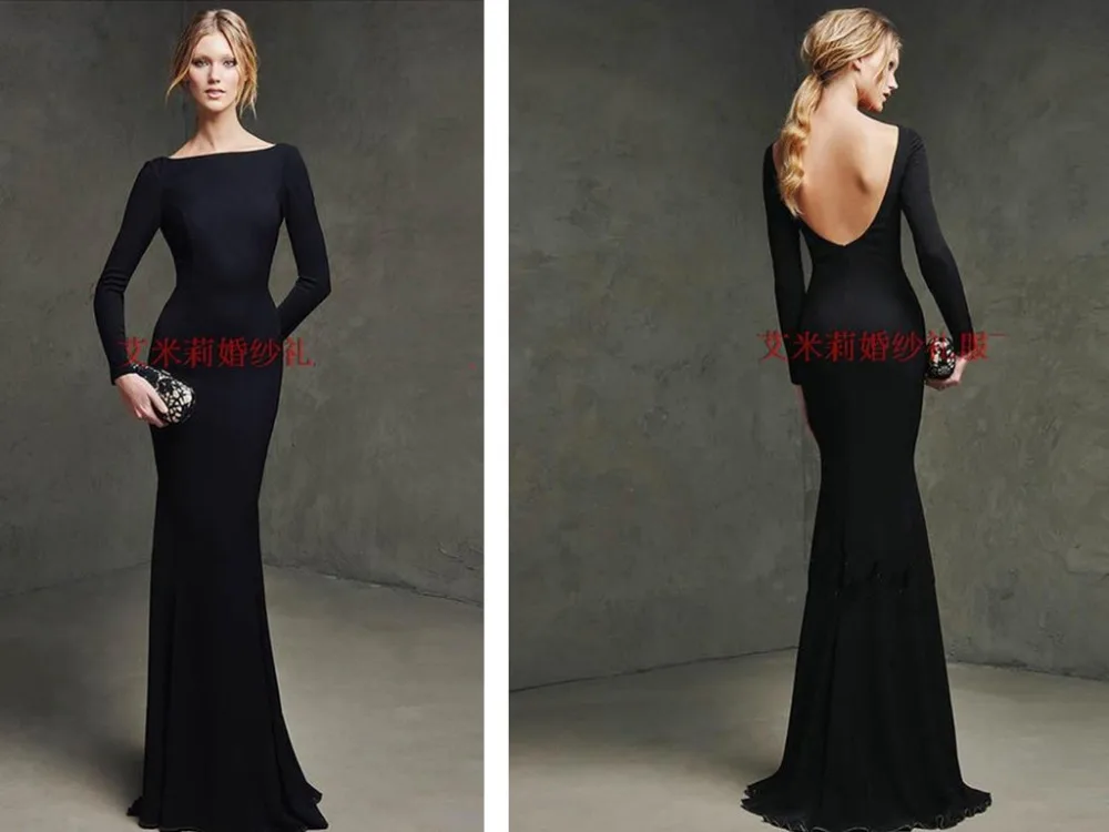 

new hot sexy backless long sleeves Formal Evening gowns 2015 vestidos floor-length mermaid black Evening Dress free shipping
