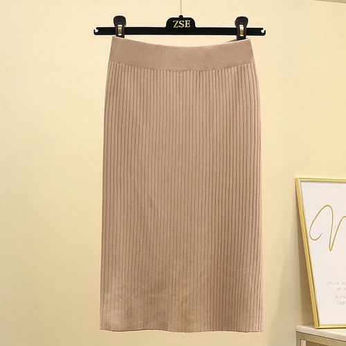 camel length 55 Юбка-пачка, акция, юбка-карандаш, Женская юбка, вязаная, однотонная, простая, до колена, с завышенной талией, карандаш, повседневная, весна-лето - Цвет: camel length 55