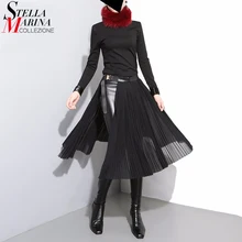 New 2017 European Fashion Women Black Chiffon Skirt With Leather Belt Adjustable High Waist Female Pleated Sexy Party Skirt 876